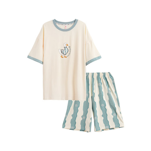 Fenton Couple Pajamas Fan Chengcheng's same style Star's same 5A antibacterial round neck striped home wear set pajamas Hulan-women's M