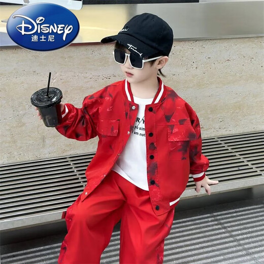 Disney (Disney) boys' autumn handsome baseball uniform suit new small and medium-sized children's street spring and autumn jacket sports two pieces black 150 yards