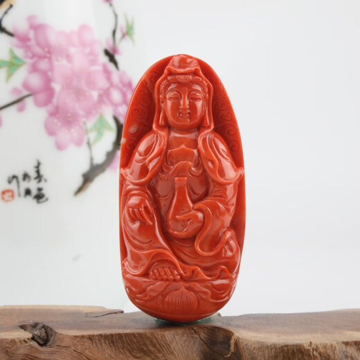 Classic natural Taiwan Momo red organic gemstone coral master carved Guanyin pendant