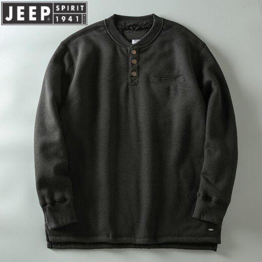 JEEP SPIRIT new waffle plus velvet thickened warm autumn and winter men's large size Henry collar long-sleeved sweatshirt pullover men's dark gray M recommended 90-110Jin Jin equals 0.5 kg