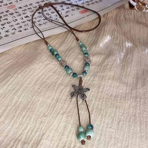Bai Qixin New Chinese Style Necklace Butterfly Ethnic Style Ceramics Ancient Style Women's Hanfu Cheongsam Accessories Sweater Chain Pendant Literature and Art New Chinese Style Butterfly Necklace Imperial Concubine Zui