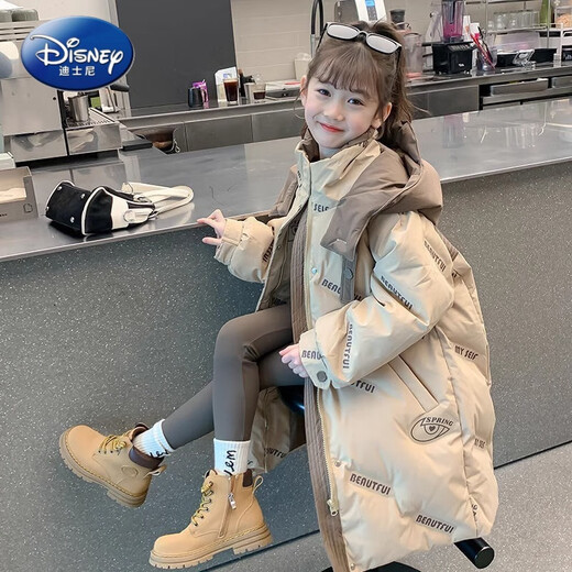 Disney Girls Down Jacket 2025 Winter New Children's Thickened Jacket Medium and Large Children's Winter Mid-Length Jacket Khaki 160