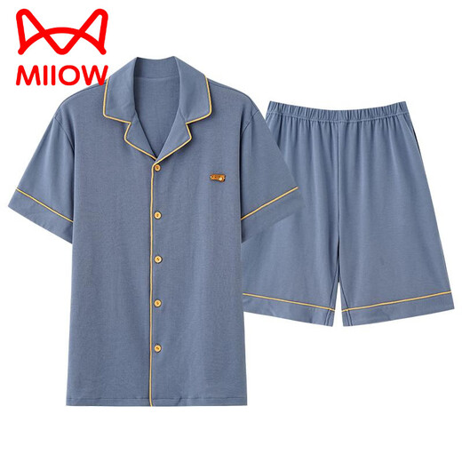 猫人（MiiOW）睡衣男士夏季纯棉短袖短裤开衫薄款大码纯色休闲家居服套装 蓝绿色12801【100纯棉】 L 【建议100-120斤穿】