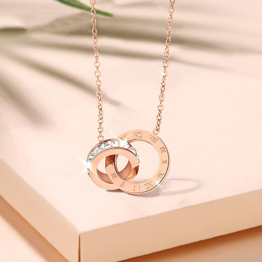 Farcoko brand rose gold double ring necklace women's clavicle chain fashion jewelry Valentine's Day birthday gift for girlfriend and wife double ring necklace - rose gold free engraving
