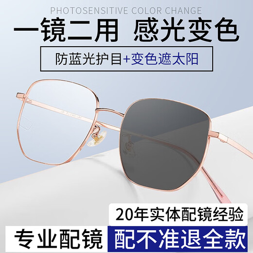 Chuangguo Photosensitive Color-changing Myopia Glasses for Women Professional Anti-Blue Light Can Be Used with Height Number Ultralight Titanium Frame Showing Small Goggles Frame 0 Degrees [Daming Anti-Blue Light + Discoloration] 826 Rose Gold