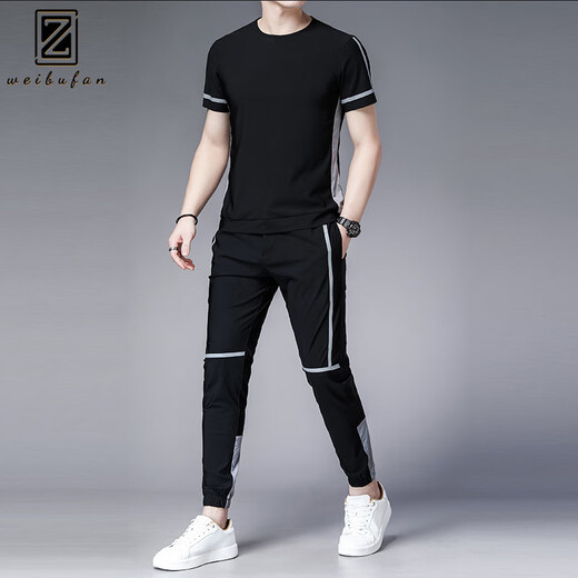 WEIBUFAN sports suit men's summer casual outdoor sportswear short-sleeved ice silk quick-drying T-shirt men's running wear fitness clothes 9805 medium gray XL (130-145Jin Jin equals 0.5 kg)