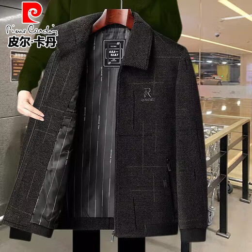 Pierre Cardin jacket men's spring and autumn chenille plus velvet thickened warm jacket middle-aged and elderly casual tops men's dad wear black and gray stand-up collar thick style without velvet XL (180) Recommended weight 110-130Jin Jin is equal to 0.5 kg