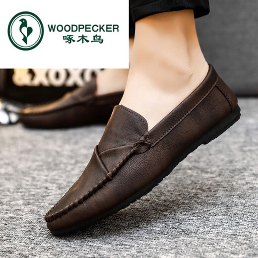 啄木鸟豆豆鞋男2024年夏季男鞋潮透气英伦一脚蹬男士休闲皮鞋男真皮 D826棕色 40