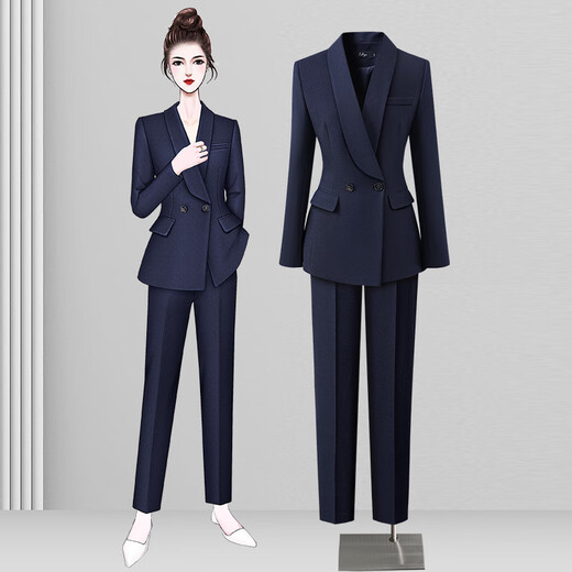 Weishipin Autumn Small Suit Women's High-end Professional Wear Women's Suit Fashionable Temperament Suit Jacket Commuting Formal Work Wear Navy Blue (suit + trousers) 5099 L