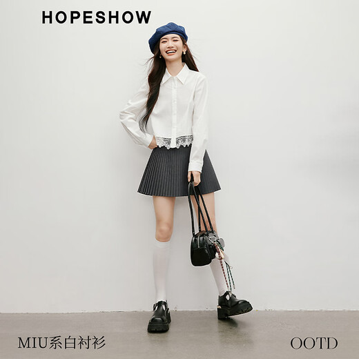 Red sleeve sweet lace splicing shirt 2025 spring new women's temperament lapel versatile slim short white top original white 001 (pre-sale 4.13) M