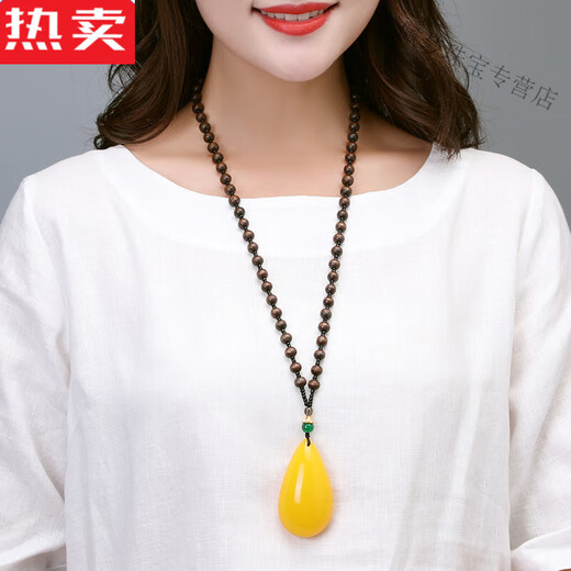 SNQP high-end quality Obero beeswax water drop necklace ethnic style amber old beeswax pendant Ping An brand men and women hair yellow honey water drop/chicken wing wood chain