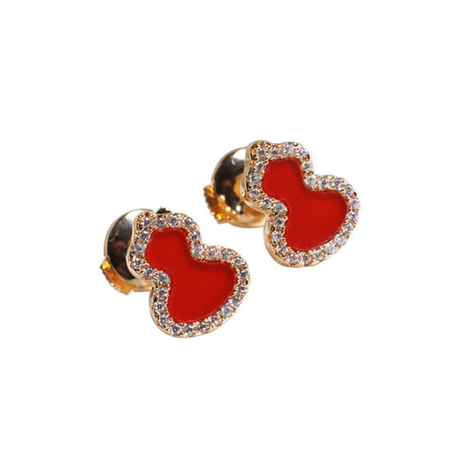 Fat Donglai's same style 18kl rose gold gourd earrings, national fashion red agate chrysoprase 18K rose gold with diamonds and red agate (with flying saucer ear plugs)