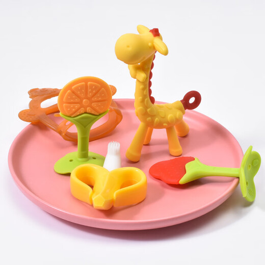 Tired baby soothing teether, molar stick, baby bite gum, anti-eating hand artifact, chewable silicone, can be boiled, fruit three-piece set, orange + strawberry + banana