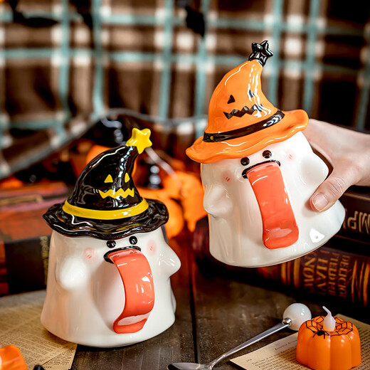Jingdongjia Halloween gift, cute and funny ghost mug, Halloween company gift gift, girlfriend’s birthday gift, orange hat ghost mug + portable gift box + spoon