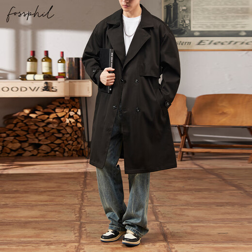 Foss Phil windbreaker men's autumn and winter loose casual mid-length jacket light mature style coat jacket 2407 black M