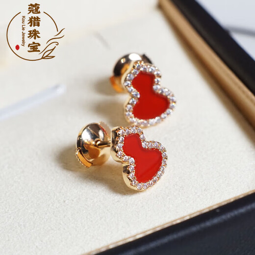 Fat Donglai's same style 18kl rose gold gourd earrings, national fashion red agate chrysoprase 18K rose gold with diamonds and red agate (with flying saucer ear plugs)