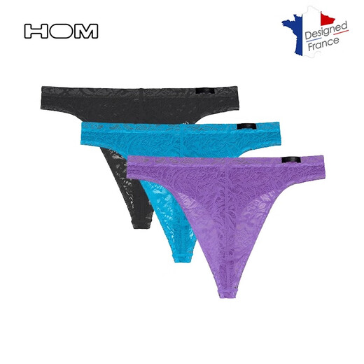 HOM French men's thong lace underwear low-waisted new high-end sexy semi-transparent boys' sexy underwear lake blue T-shaped L