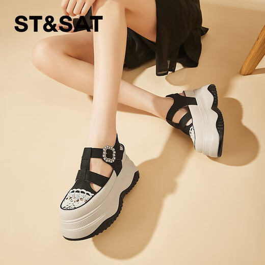 星期六（St&Sat）罗马凉鞋女2024夏季新款包头厚底女鞋子镂空编织猪笼鞋水钻渔夫鞋 黑色 35