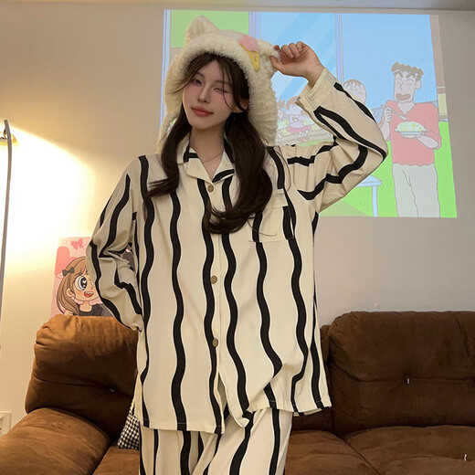 Bo Na Ling couple's pajamas for one man and one woman, summer and autumn cardigan, long-sleeved trousers, casual lapels, winter wearable home clothes set, wavy pattern couple's pajamas, black men's XL