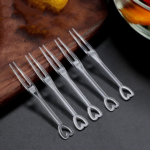Fruit fork, disposable fork, transparent plastic small fork, crystal snack cake fork, fruit pick, love fruit pick, 500 pieces, transparent heart-shaped fruit fork