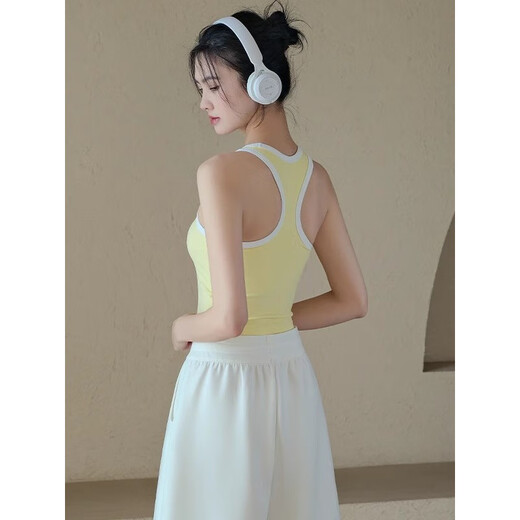 LULUUVTTOH Sports Bra Women's New Shockproof Breast Retracting Yoga Wear Vest Running Pilates Training Fitness Bra Women's Washable Yellow/White Removable Breast Pad M