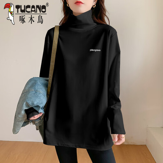 Woodpecker German velvet turtleneck bottoming shirt for women with thickened warm loose large size mid-length top fashionable long-sleeved T-shirt trendy AD0189 white M 95-115Jin Jin is equal to 0.5 kg