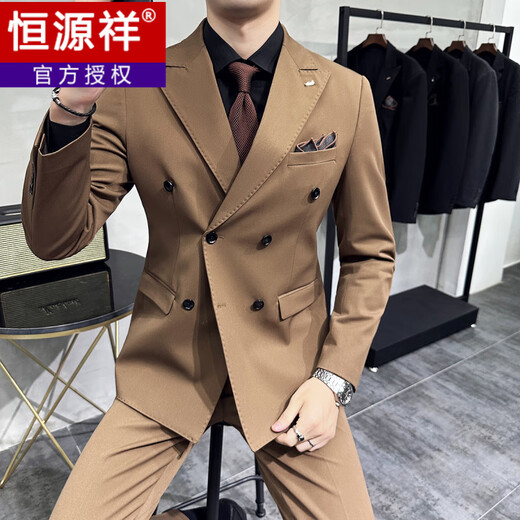 Hengyuanxiang double-breasted suit men's suit business formal casual suit British slim fit groom wedding dress including sheep wool style-dark green three-piece suit, black lining 48/M