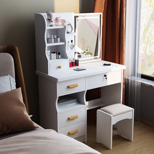 Zhongen dressing table hidden mirror push-pull bedroom modern minimalist dressing table desk integrated internet celebrity ins style with lock warm white left cabinet without light hidden mirror gift stool assembly x video to install by yourself