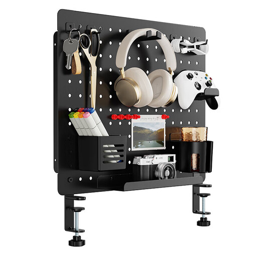 山业 洞洞板置物架 手柄架 耳机支架 配件收纳架 办公桌面屏风隔断架 钢制 夹桌式免打孔 黑色