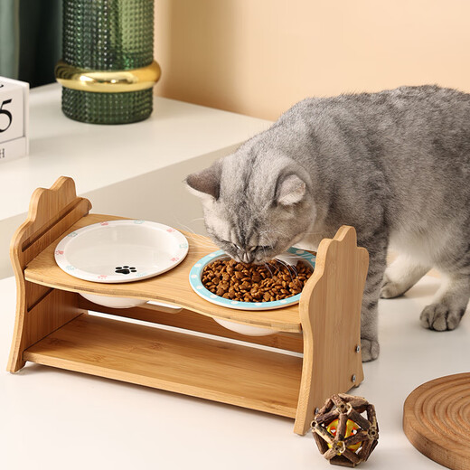 CLCEY Ceramic Cat Bowl Rack Protects Cervical Vertebrae, Anti-Black Chin, Anti-Slip, Anti-Tip Small Dogs, Teddy Adjustable Height Dog Bowl, Pure White Bowl + Single Bowl Rack