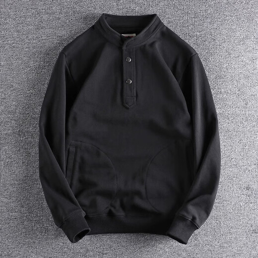 Kuraishi Kazuki trendy American retro Henry stand-up collar sweatshirt men's spring loose casual sports long-sleeved bottoming shirt top black L