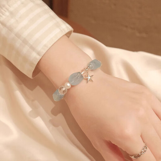 BOSFRU Aquamarine special-shaped crystal bracelet, small and fresh ins style pearl sterling silver star pendant, high-end gift for girlfriend, suitable for hand circumference 15cm