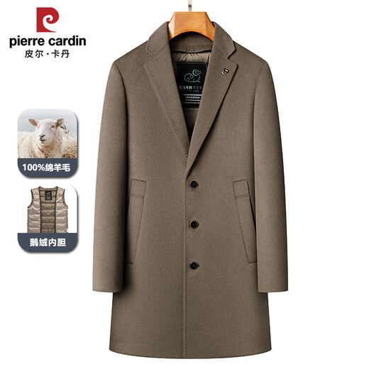 Pierre Cardin high-end double-sided cashmere woolen coat men's mid-length thickened down lining woolen coat men's winter clothing camel 175/92A suitable for 125-145Jin Jin equals 0.5 kg