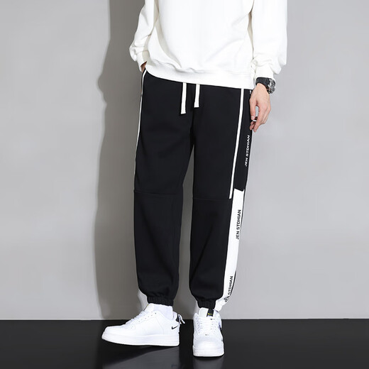 Foss Phil black casual pants for men in autumn and winter loose and trendy large size versatile sports long guard legged pants for men YKYP-A05 black and white 5XL recommended 200-220Jin Jin is equal to 0.5 kg