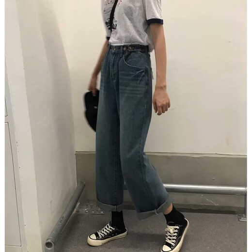 
Manna Xuan's new summer high-waist straight nine-point jeans for women's bf Korean version large size loose retro versatile dad wide-leg pants blue 9901 single size collection and purchase priority delivery