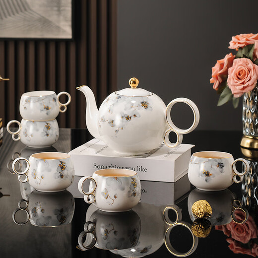 Yanze bone china rotatable water set tea set teapot teacup set opening housewarming gift light luxury high-end gift box bone china Hanmei elegant set-wooden gift box