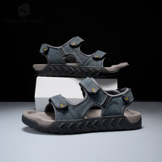 JACK WOKEKNSN Wolf Claw Cloud Sandals Men's 2025 New Summer Outerwear Anti-Slip Dad Sandals Men's Thick-soled Genuine Leather Wading Sand Dark Gray Counter Genuine 42