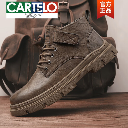 CARTELO autumn and winter Martin boots men's shoes summer genuine leather 2025 new British high-top lace-free casual retro workwear leather shoes Khaki 40