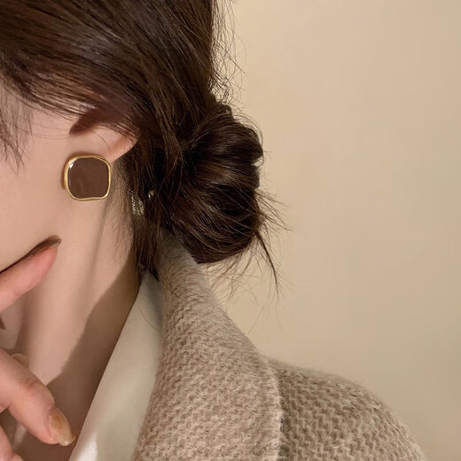 Youfang dripping glazed square earrings 2025 new trendy simple cold style retro temperament unique niche high-end earrings gold one pair