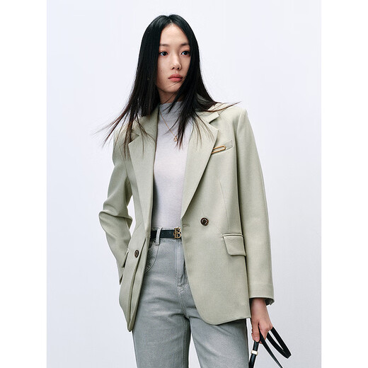 PEACEBIRD Women's Spring 2024 Double-Breasted Suit A1BAE1202 Gray Green S