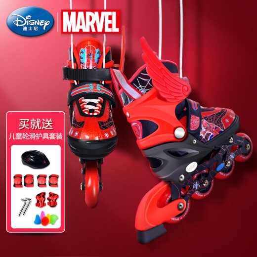 Disney (Disney) roller skates children's eight-wheel full flash skates set roller skates for men and women flash wheels adjustable skates black and red Spider-Man S size