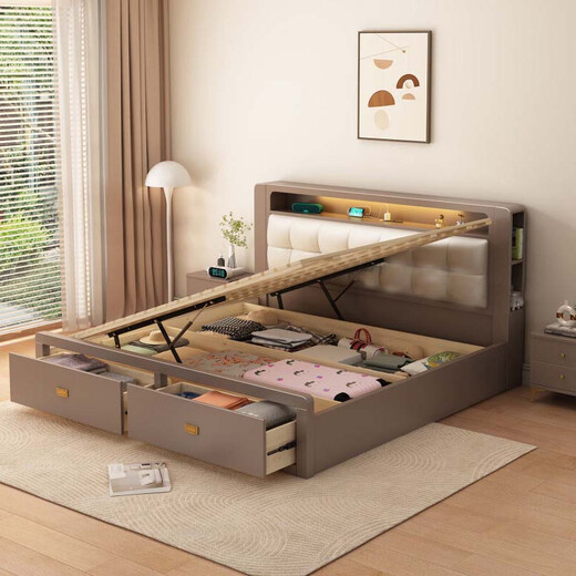 
Yu Feiqi Nordic Solid Wood Bed Double Bed Multi-function High Box Night Light Storage Charging Bed 9901# Bed + Environmentally friendly Brown Pad [0 Glue] 1.5*2.0m (high box with tail withdrawal)
