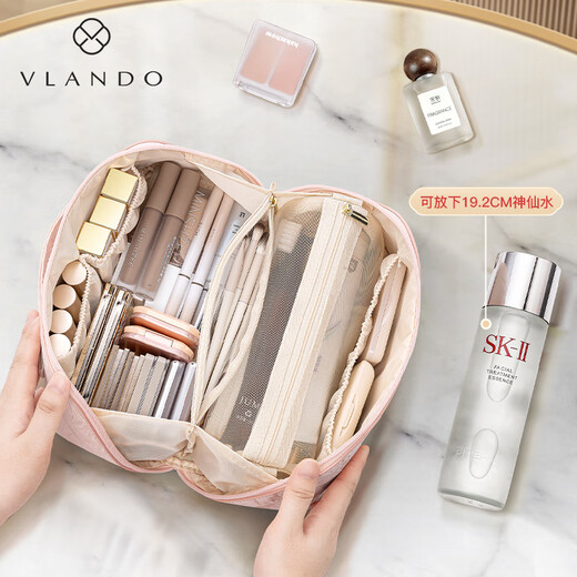 VLANDO high-end national style velvet waterproof cosmetic bag women's portable large-capacity travel wash bag premium birthday gift sand pink free mesh bag