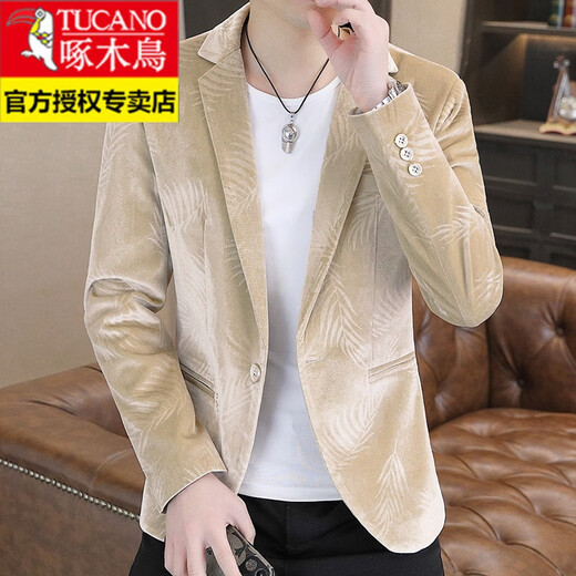 Woodpecker Spring and Autumn New Gold Velvet Suit Men's Casual Korean Slim Casual Uniform Youth Personalized Small Suit Jacket Apricot 3XL 150-165Jin Jin is equal to 0.5 kg