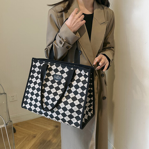 Jin Riman sac à bandoulière en toile pour femmes 2024 nouvelle sortie de mode sac de shopping portable grande capacité maman sac fourre-tout de banlieue sac à bandoulière en losange noir