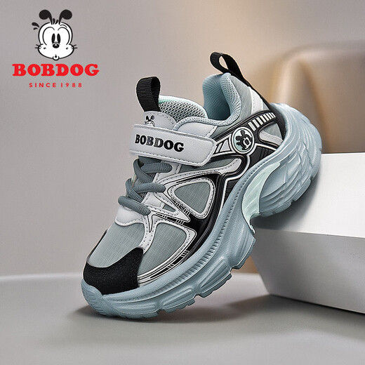 巴布豆（BOBDOG）童鞋网面透气男童运动鞋2025春新款皮面跑步鞋儿童鞋子男童老爹鞋 黑灰(皮面) XT-K674 34 码 (内长22.0厘米)