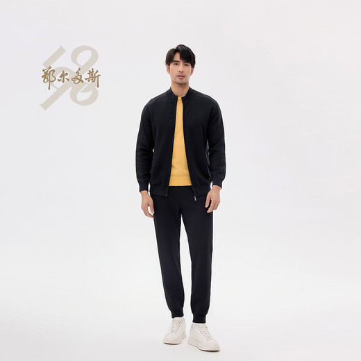 鄂尔多斯1980可机洗 春季羊毛半高领圆机长袖男针织开衫74356 黑 2XL 185/104A