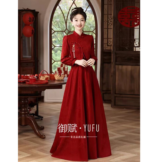 Seidler New Chinese Toast Wear Bridal 2026 New Burgundy Wedding Dress Skirt Women Summer Engagement Banquet Cheongsam Wedding Dress Burgundy L (recommended 106-115 Jin Jin equals 0.5 kg)