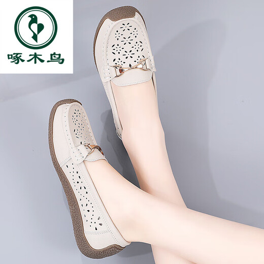 
Woodpecker leather bean shoes women's shoes summer sandals flat sole breathable hollow soft sole single shoes middle-aged and elderly comfortable mother shoes 826 beige single shoes 35
