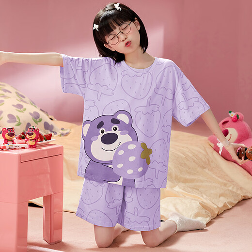 Mannido 2025 Pyjama pour enfants d'été Pure coton mince fille courte caricature à manches moyennes de taille moyenne fille princesse collier vêtements à la maison b4877 violet [double court] 150 s Code suggère 145-155 cm